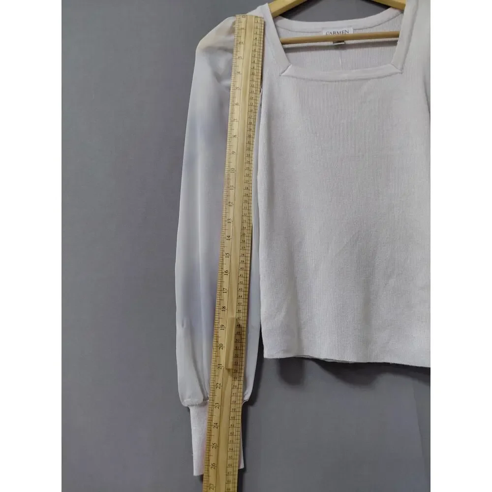 NWT Carmen Marc Valvo Ivory Satin Knit Stretch Puff Sleeve Top Women Size XS - Picture 11 of 13